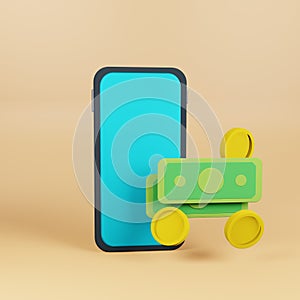 Smartphone and banknotes and coins 3d render illustration. Online banking, money transfer concept.