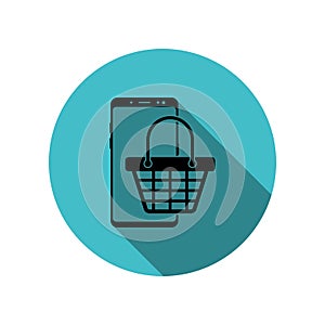 Smartphone basket long shadow icon. Simple glyph, flat vector of mobile concept icons for ui and ux, website or mobile application