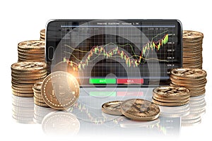 Smartphone with Bitcoin coins. Bitcoin cryptocurrency exchange mobile trading platform