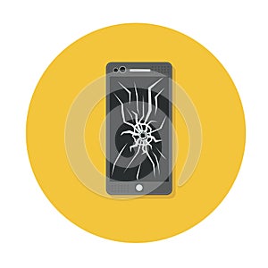 Smartphone with a black broken screen in the cracks