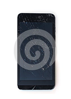 smartphone black color cracked screen isoloated