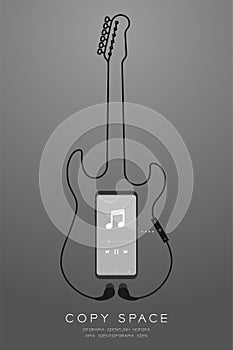 Smartphone black color and Earphones wireless and remote, In Ear type flat design, electric guitar shape made from cable illustrat