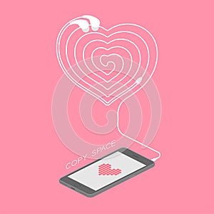 Smartphone black color isometric flat design, heart icon symbol pink color on screen and heart icon symbol shape made from