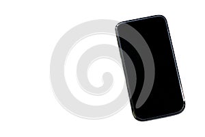 A smartphone with a black display on a white background