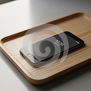 It rests on a rectangular wooden tray with smooth edges and a light finish