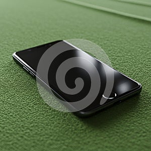 A smartphone with a black screen and sleek design lies on a textured green surface.