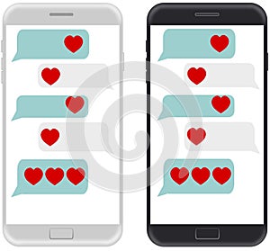 Smartphone black and white, chatting sms app template bubbles, w