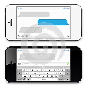 Smartphone black and white, chatting sms app template speech bubbles