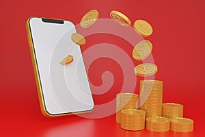 Smartphone with blank display and coins stack, digital wallet. Shopping mobile app, gold arrows coinsCashback and banking,money-