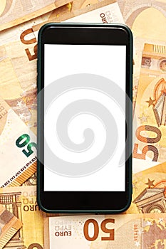 smartphone with blank display mockup screen on 50 euro banknotes. Money paper. Concept of business, investment and