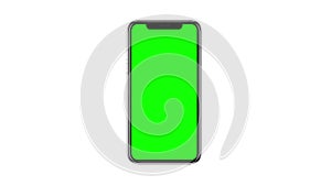 Smartphone with blank green screen, front view, isolated on white background