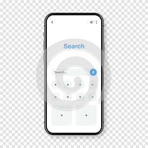 Smartphone with blank internet browser window and search bar. Web site engine with search box, address bar and text