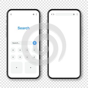 Smartphone with blank internet browser window and search bar. Web site engine with search box, address bar and text