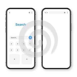 Smartphone with blank internet browser window and search bar. Web site engine with search box, address bar and text