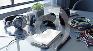 Smartphone With Blank Screen with accessories in creative studio