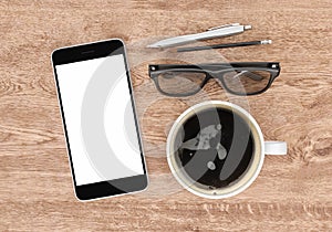 Smartphone with blank screen and coffee cup on wooden office desk, top view, workspace design, 3d rendering