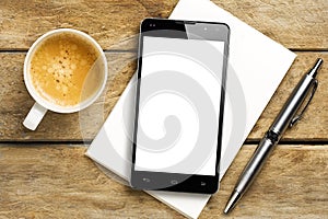 Smartphone Blank Screen Coffee Pen Notepad