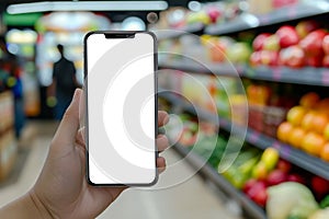 Smartphone with blank screen in grocery store aisle