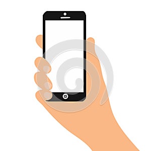 Smartphone with blank screen in hand. Isolated hand with phone on white background. Mobile cellular phone flat design