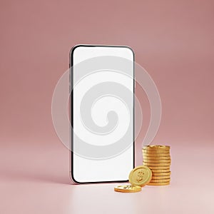 Smartphone with Blank White Screen Next to Stack of Gold Coins mobile phone cell phone