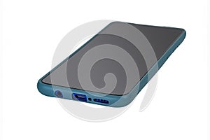 Smartphone in a blue case isolate on a white background