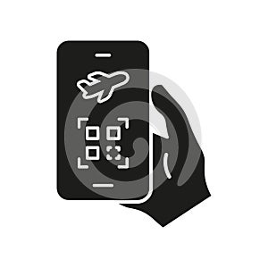 Smartphone Boarding Pass Solid Icon. Mobile Travel Ticket And Qr Code Scanning Silhouette Symbol. Digital Flight Check