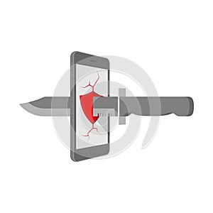 Smartphone with Breaking red shield symbol on screen and knife set Cannot Protection internet cyber crime concept idea