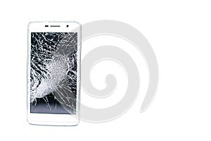 Smartphone with a broken display. Cracked Glass screen isolated on white background.