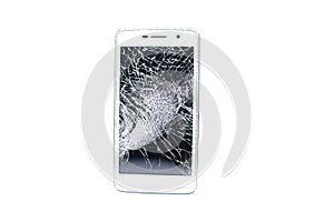 Smartphone with a broken display. Cracked Glass screen isolated on white background.