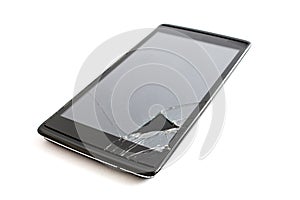 Smartphone with broken screen isolated on white background. Black phone device with shattered display