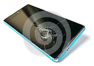 Smartphone with a broken screen isolated on white background. Phone repair concept closeup.