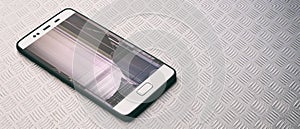 Smartphone broken screen, metal checkerplate industrial background. 3d illustration