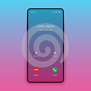 Smartphone call screen mockup. Mobile phone interface screen incoming call accept decline button. Vector illustration