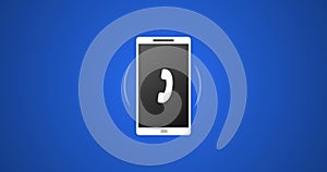 Smartphone Call with White Icon and Ringing Vector Animation 4k Rendered Video on Blue Background.