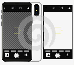 Smartphone with camera application. User interface of camera viewfinder. Focusing screen in recording time. Gallery, hdr, quality