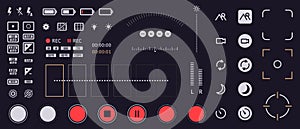 Smartphone camera icons. Mobile phone viewfinder interface elements, flash, quality, rec time, and battery ui icons