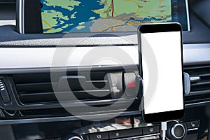 Smartphone in a car use for Navigate or GPS. Driving a car withSmartphone in a car use for Navigate or GPS. Driving a car