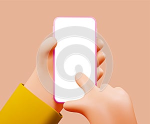 Smartphone in cartoon hand mockup with blank white screen and forefinger touching it isolated on beige background. Vector
