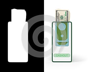 Smartphone Cashout concept front view 3d Illustration on white with alpha photo
