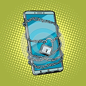 Smartphone chain lock. Locked gadget. Protected technologies