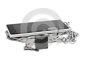 Smartphone on chain and unlocked padlock on white background