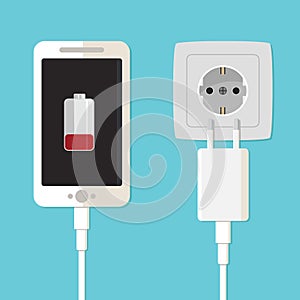 Smartphone charger adapter and electric socket, low battery notification, flat design illustration - Vector