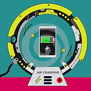Smartphone and charger machine. Phone is air charging not cable is connected. Modern communication technology.Vector illustration