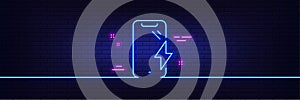 Smartphone charging line icon. Phone charge sign. Mobile device. Neon light glow effect. Vector