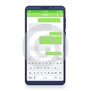 Smartphone chat. Dialogues bubbles on mobile device screen with keyboard, sending private message clouds chatting app vector