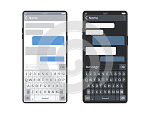 Smartphone chat. Screen mobile device keyboard with messaging app, bubbles or message clouds, chatbot sending sms