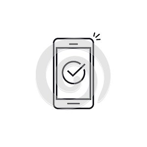 Smartphone and checkmark vector illustration, line outline mobile phone approved tick notification, idea of successful