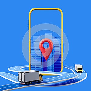 Smartphone with city building, truck on road and geotag