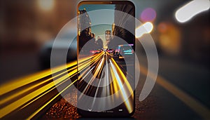 smartphone with city traffic speeding through blurred night motion ,generative AI