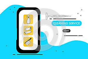 Smartphone with cleaning service website.Catalog of washing tools for floor,windows and dust removing.